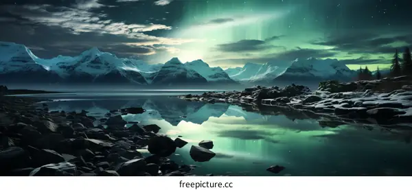 Aurora borealis over snow-capped mountains and tranquil lake