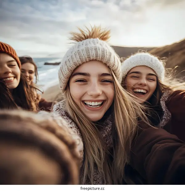 Happy Friends Taking Selfie On The Beach
