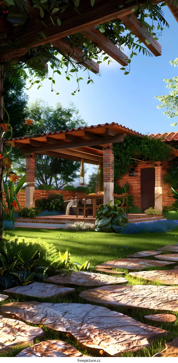 Stone Pathway Leading to Brick House with Patio