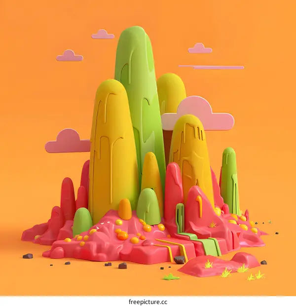 Colorful 3D Cartoon Illustration Of Mountains With Clouds