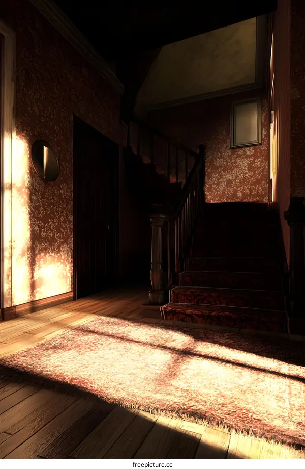 Old House Interior With Staircase And Sunbeams