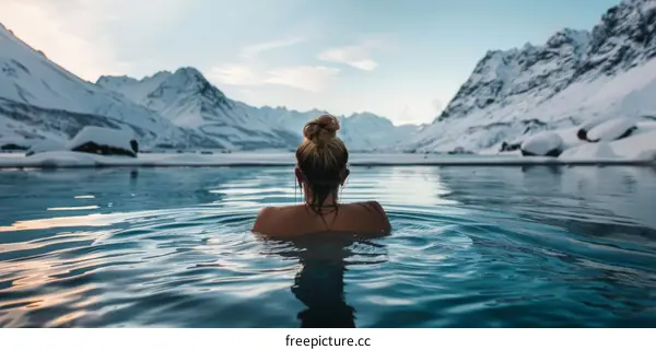 Woman relaxing in a natural hot spring with a stunning mountain landscape in the background