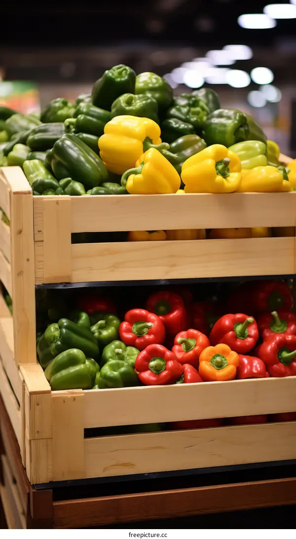 Vibrant Bell Peppers in a Wooden Crate
