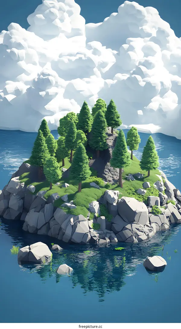 Low Poly Illustration of a Small Island with Trees and Clouds