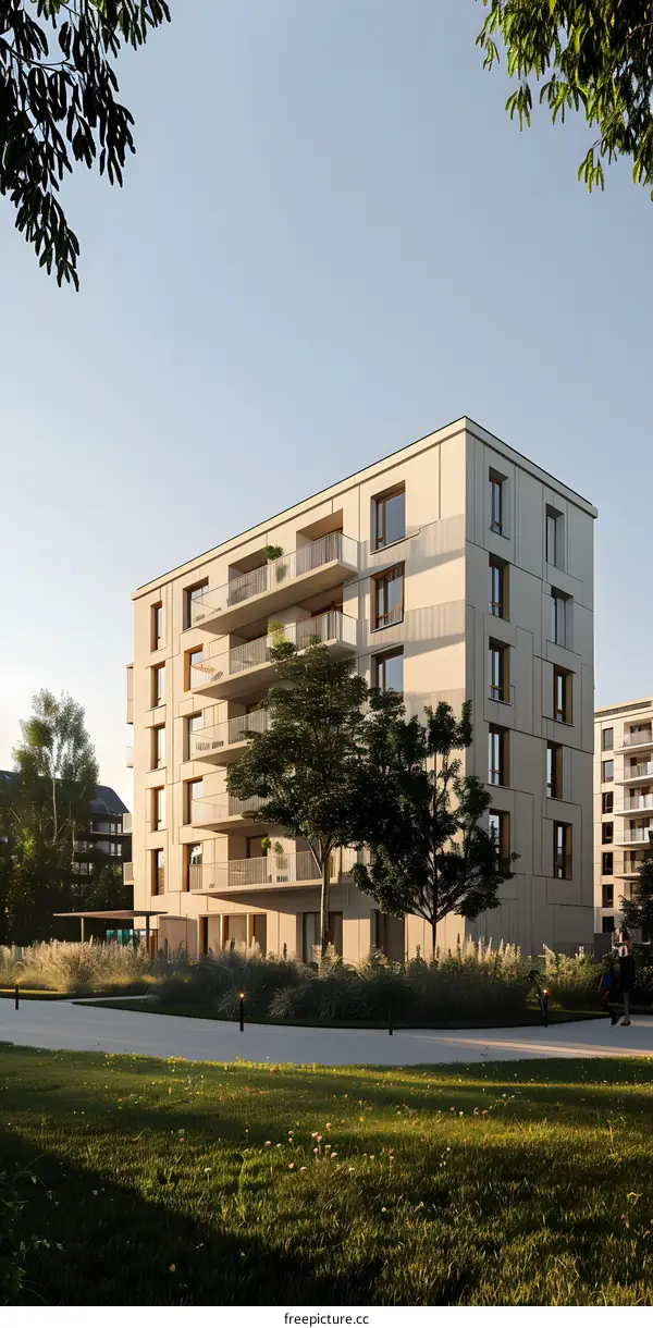 Modern Apartment Building with Green Grass and Trees