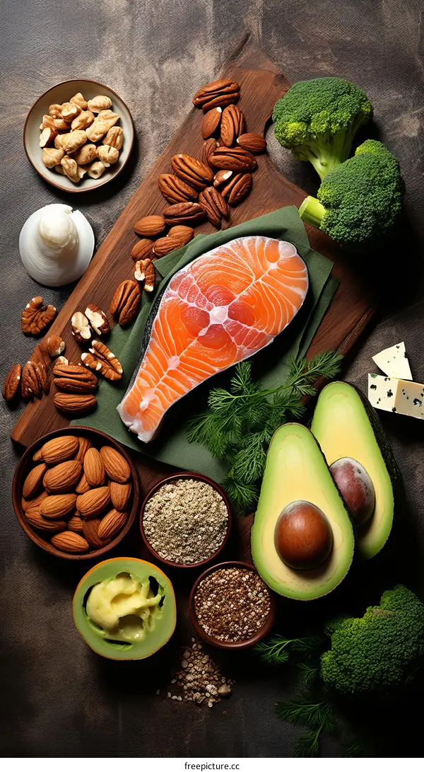 A variety of healthy foods, including salmon and avocado, decorate a table