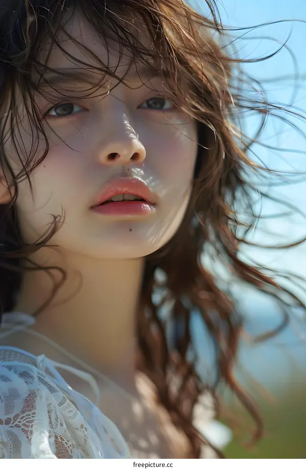 Woman with windblown hair looking at the camera