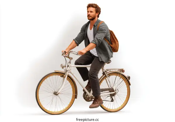 Man Riding Vintage Bicycle on White Background