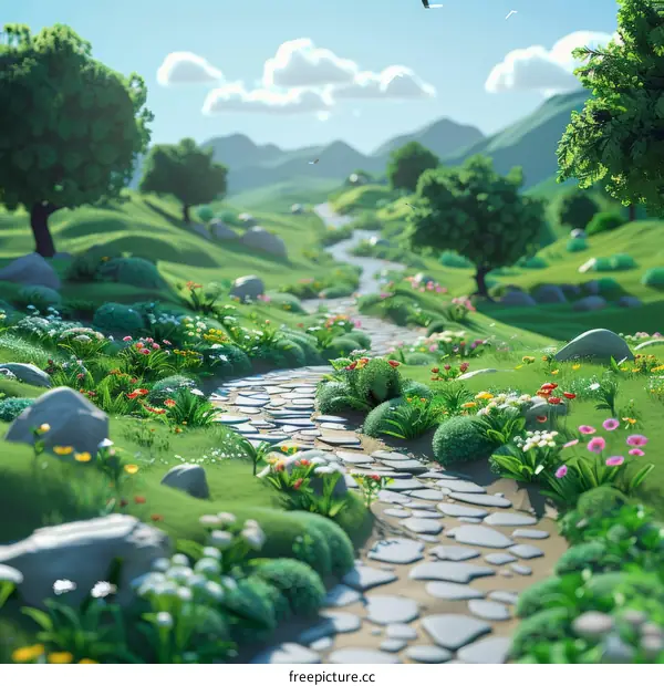 Stone Path Through Verdant Fields
