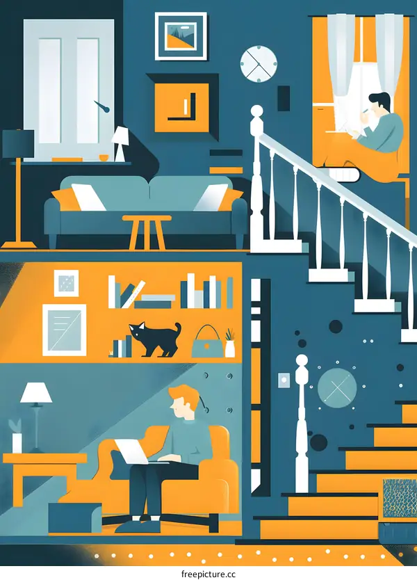 Modern Flat Illustration Of A Man Working From Home On A Laptop