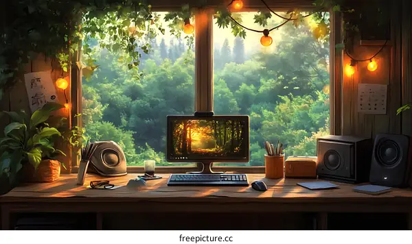 Cozy Workspace by the Window with Forest View