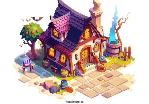 [Transparent Background PNG]Cartoon Illustration of a Cute Witch House with a Cobblestone Path
