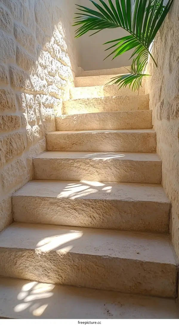 Sunlight Illuminates Stone Staircase in Interior