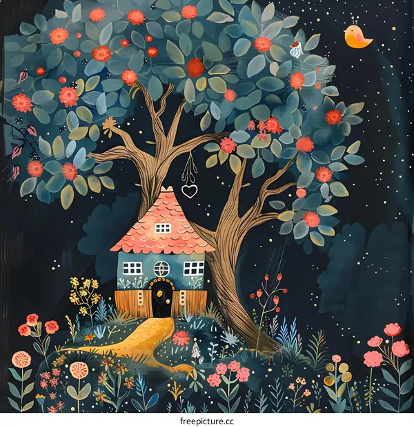 Small House in the Forest at Night