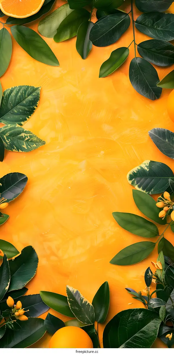 Green Leaves and Oranges On Yellow Background