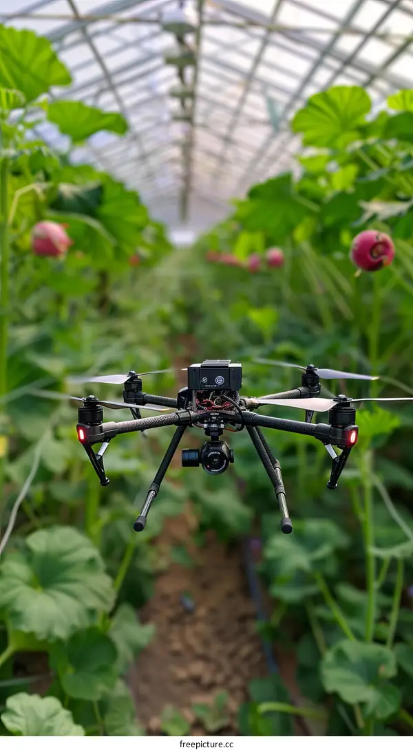 Flying drone in a greenhouse inspecting crops