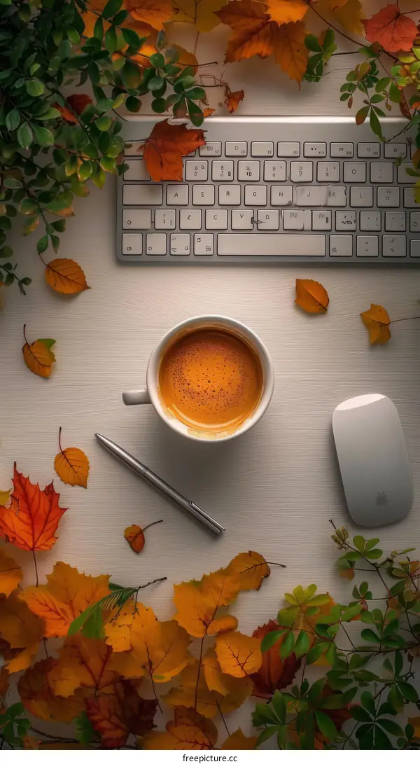 A Cup of Coffee on a Desk with a Keyboard and Mouse