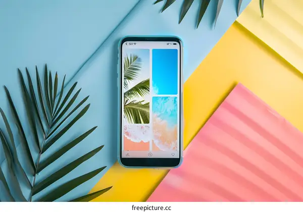 Blue Smartphone with Palm Leaf on a Colorful Background