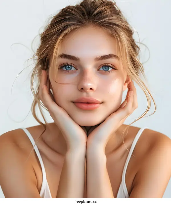 Portrait of Beautiful Young Woman with Blonde Hair and Blue Eyes