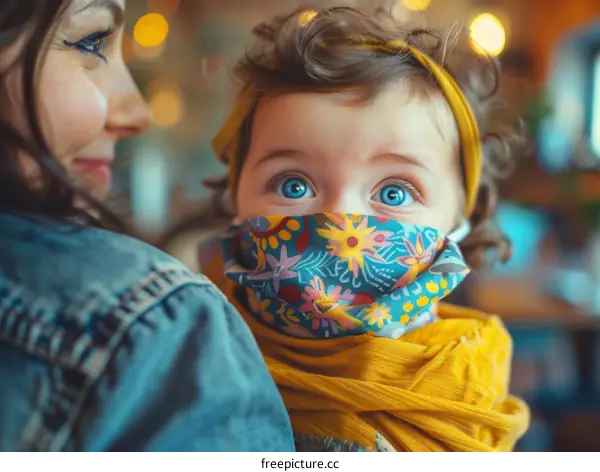 Toddler wearing a facial mask carried by an adult