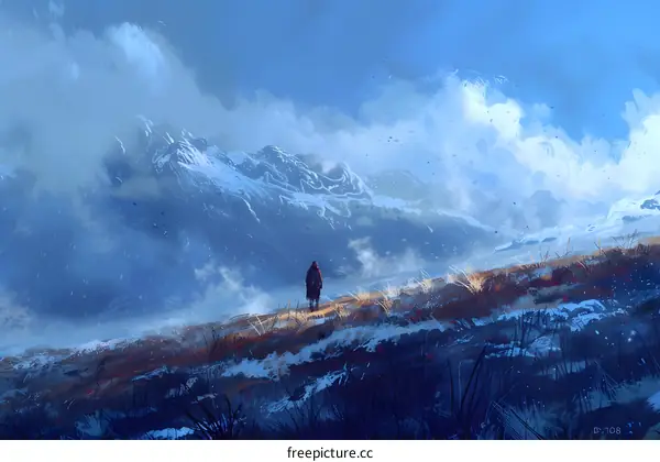 A Solitary Figure Stands Before a Snowy Mountain Range