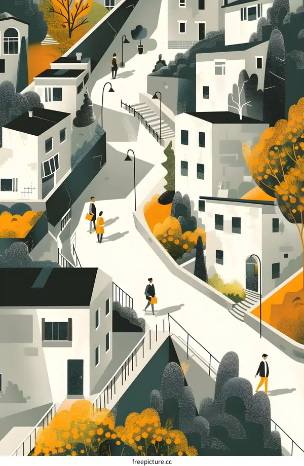 Simple Illustration of Walking People in an Urban Landscape
