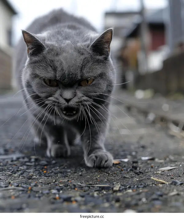 Gray British Shorthair Cat with Yellow Eyes Staring at Camera