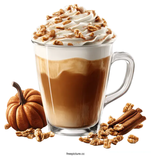 [Transparent Background PNG]Autumn Pumpkin Spice Latte in Glass Mug