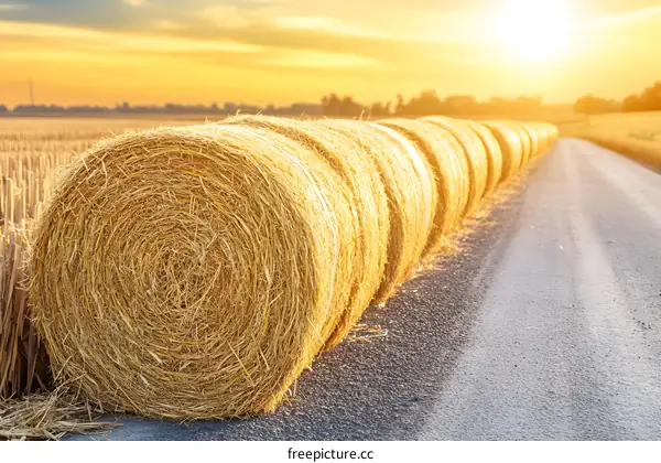 Hay Bales Along a Country Road at Sunset