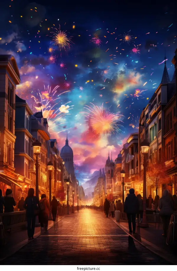 A lively and crowded European city street with people walking by shops and cafes under a beautiful night sky lit up by fireworks