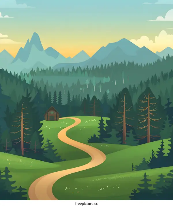 Mountain Landscape with Cabin and Winding Path
