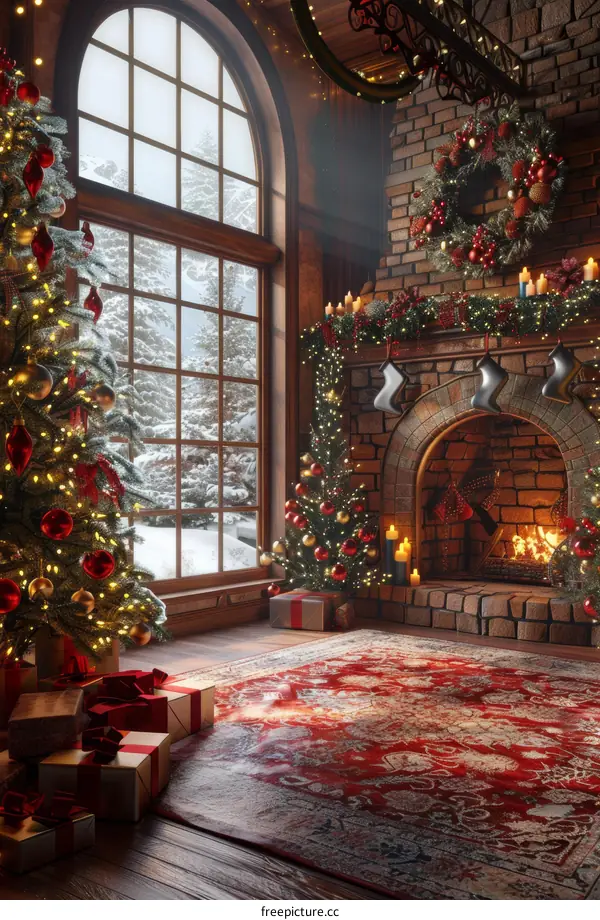 Christmas Living Room with Decorated Tree, Gifts, and Fireplace