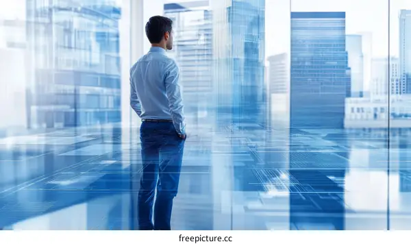 Businessman Looking at Cityscape Through Modern Office Window