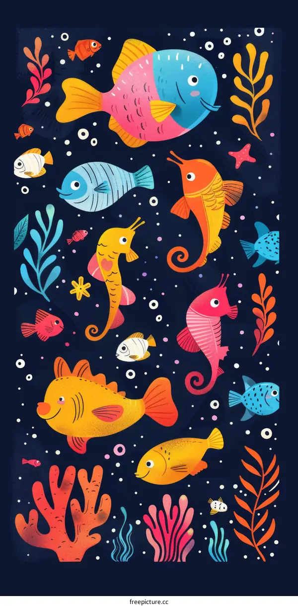 Colorful Fish and Seahorse Illustration