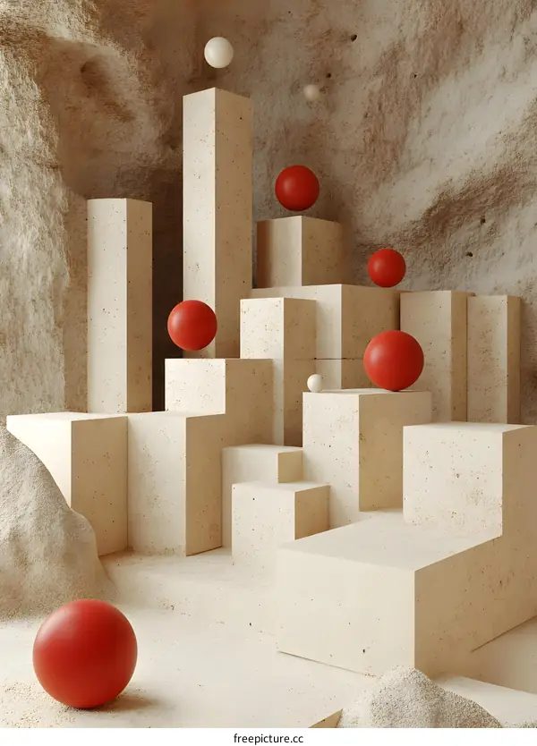 Abstract Minimalist 3D Background with Red Spheres and Stone Platforms
