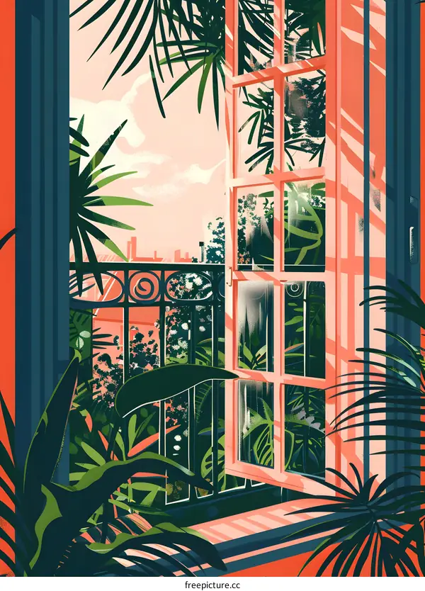 Open Window View of Cityscape with Green Plants