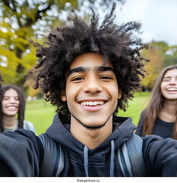 Smiling Young Man Taking a Selfie with Friends in the Park