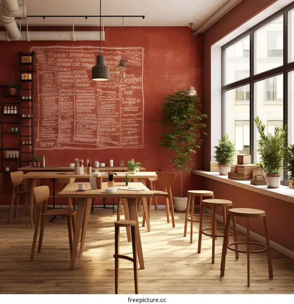 Cozy Minimalist Cafe Interior with Red Walls and Wooden Furniture
