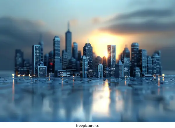 Futuristic Skyscrapers and Sunset in Digital City Image