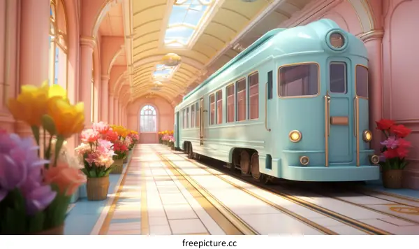 Blue train in pink & white arcade with large windows and potted flowers