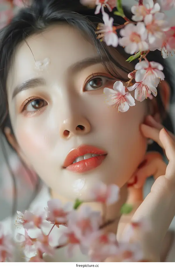 Portrait of a Beautiful Asian Woman with Cherry Blossoms