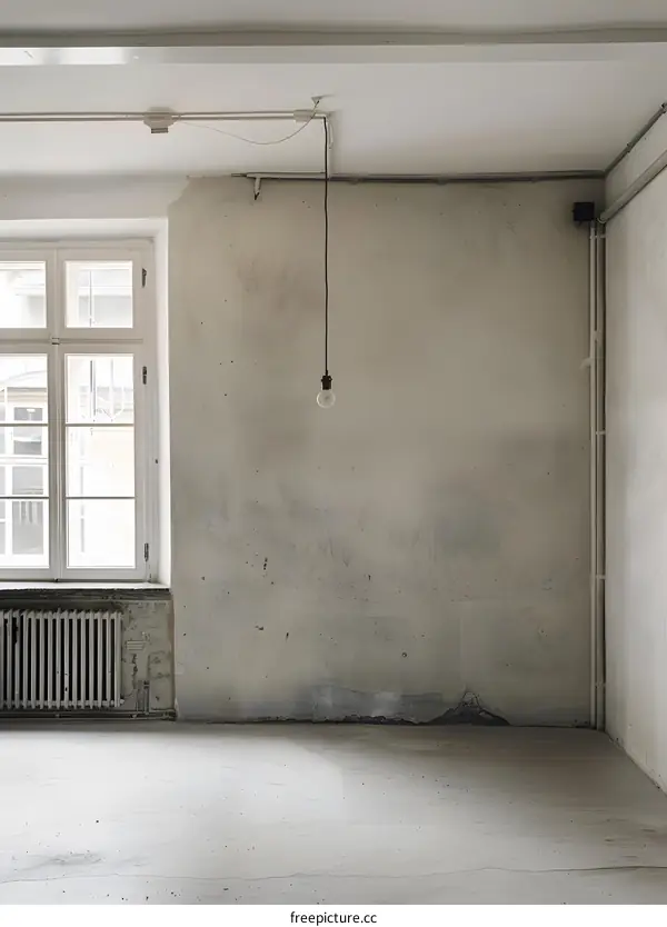 Empty Room with a Light Bulb Hanging from the Ceiling