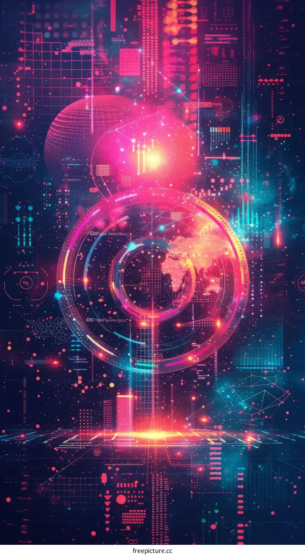 A digital world of glowing grids and a floating globe