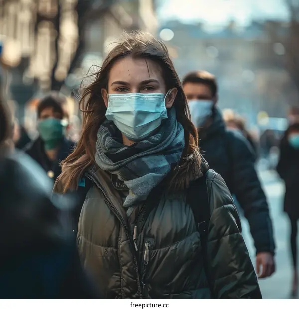 A young woman wearing a mask walks down a crowded street