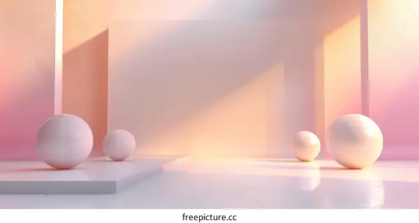 3D Rendering: Pink and White Geometric Shapes, Spheres on Podiums, Abstract Background
