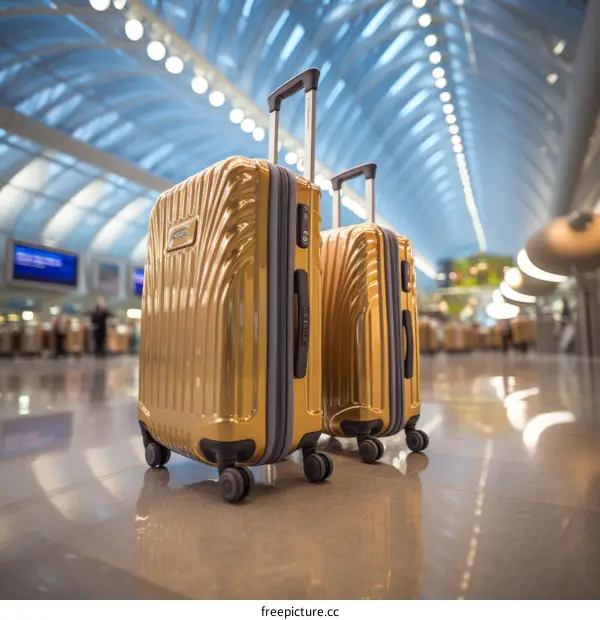 Gold Suitcases at Airport Terminal
