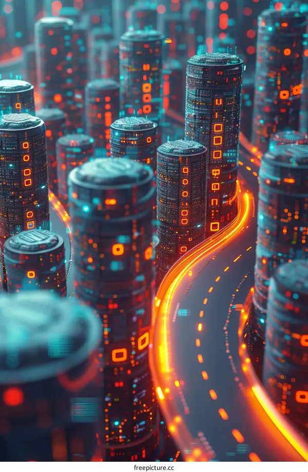 Futuristic City Illustration with Glowing Road and Digital Towers