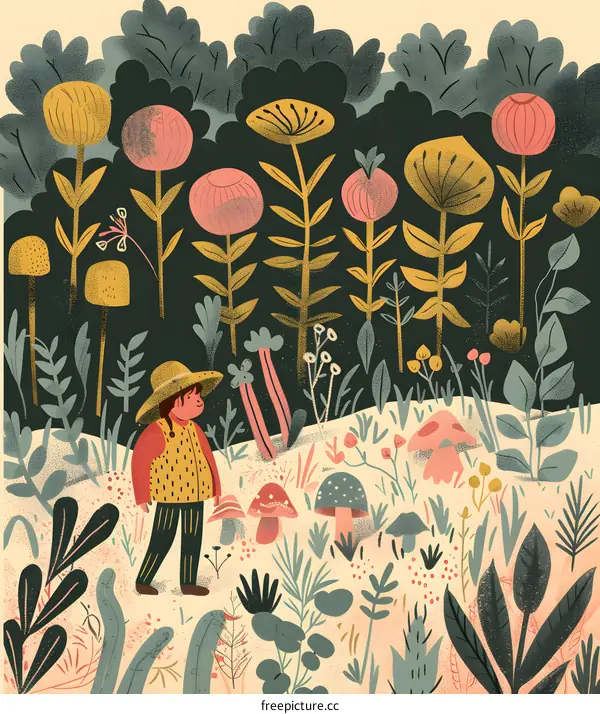 A Girl Walks Through a Colorful Forest with Mushrooms