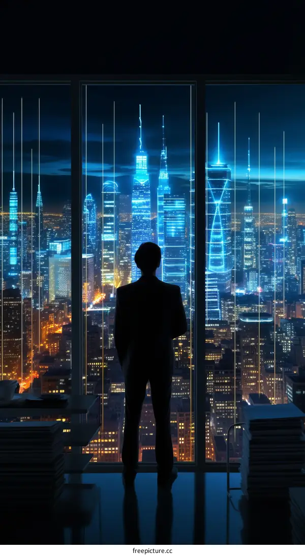 Businessman looking at the city lights at night