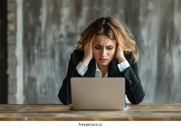 Frustrated businesswoman sitting at her desk looking at laptop